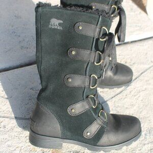 Sorel Boots Women 7.5 Black Leather Waterproof Combat Emelie Lace NL2680-010